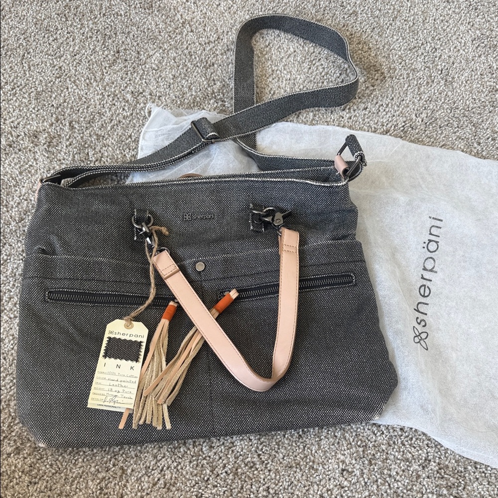 Sherpani Gray Shoulder Tote with Pink Accent Handles